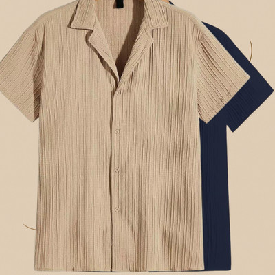 Looksky Men Self Design Casual Cream, Dark Blue Shirt(Pack of 2)