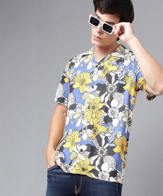 Hancock Men Printed Casual Yellow, Blue Shirt