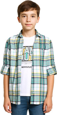 CAVIO Boys Checkered Casual Green Shirt