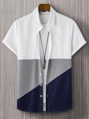 Try This Men Color Block Casual Dark Blue, Grey, White Shirt