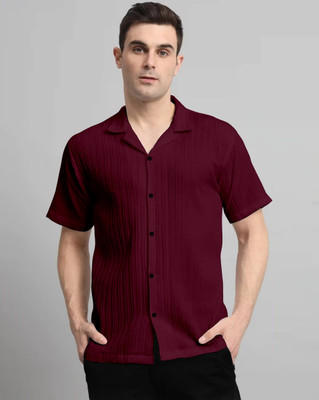 kruze Men Self Design, Striped Casual Maroon Shirt