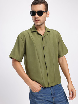 Glitchez Men Solid Casual Green Shirt