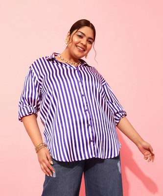 CURVY STREET Women Striped Casual Purple, White Shirt