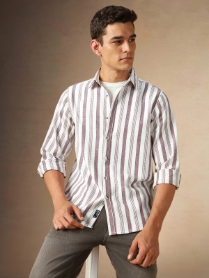 Dennis Lingo Men Striped Casual Cream Shirt