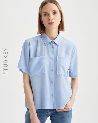 defacto Women Solid Casual Blue Shirt