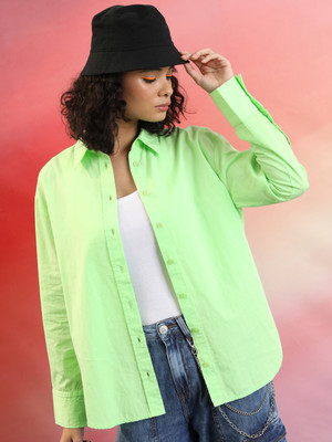 Tokyo Talkies Women Solid Casual Light Green Shirt