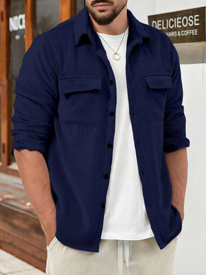 COMBRAIDED Men Self Design Casual Blue Shirt