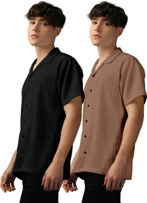 OXXOM Men Self Design, Striped Casual Black, Brown Shirt(Pack of 2)