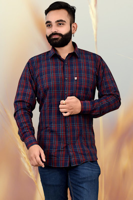 V K Creation Men Checkered Casual Blue Shirt