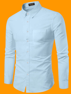 MILDIN Men Solid Casual Light Blue Shirt