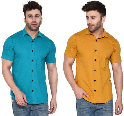 Lawful Casual Men Solid Casual Gold, Light Green Shirt(Pack of 2)