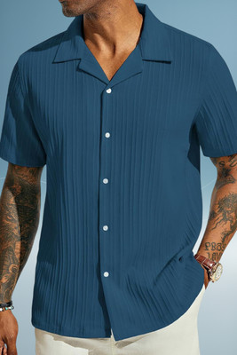 A DEEMOON TREND Men Solid Casual Blue Shirt