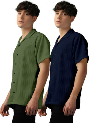 OXXOM Men Self Design, Striped Casual Green, Dark Blue Shirt(Pack of 2)