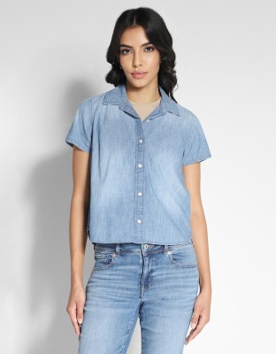 American Eagle Women Solid Casual Blue Shirt