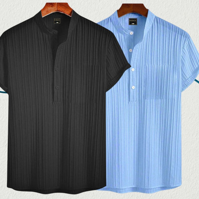 Looksky Men Self Design Casual Black, Light Blue Shirt(Pack of 2)