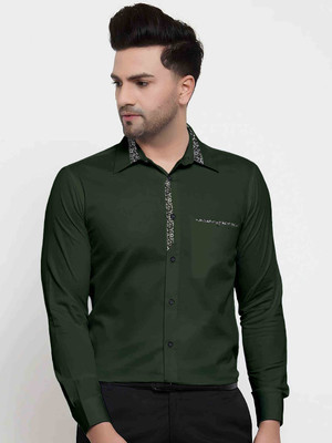 VODPROS Men Printed Casual Dark Green Shirt