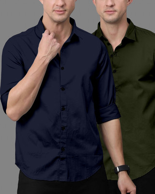 OXXOM Men Solid Casual Green, Dark Blue Shirt(Pack of 2)
