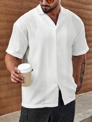 FUBACK Men Self Design Casual White Shirt