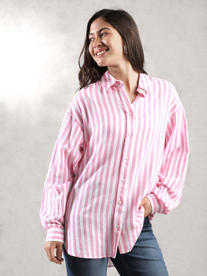 LUCILLE FASHION Women Striped Casual Pink Shirt