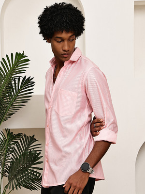 Tanip Men Striped Casual Pink Shirt