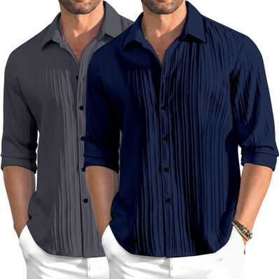 OXXOM Men Self Design Casual Grey, Dark Blue Shirt(Pack of 2)