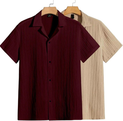 METRONAUT Men Self Design Casual Maroon, Beige Shirt(Pack of 2)