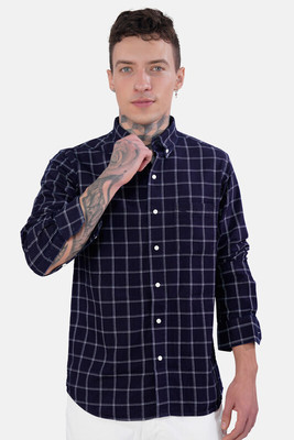 french crown Men Checkered Formal Dark Blue, White Shirt