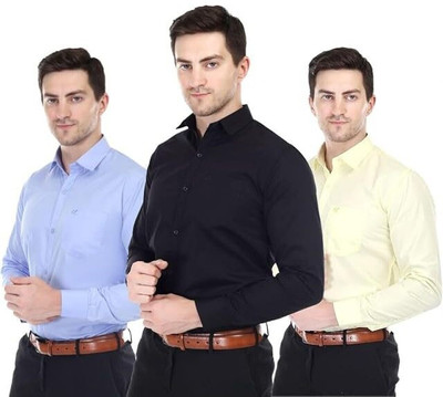 XJARVIS Men Solid Formal Black, Blue, Yellow Shirt(Pack of 3)