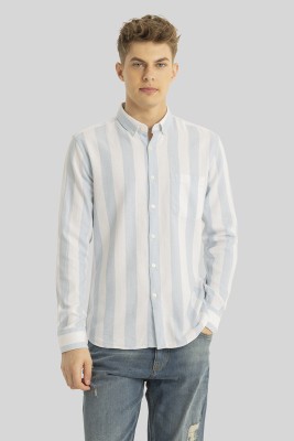 Snitch Men Striped Casual Light Blue Shirt