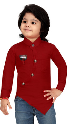 FASHION GRAB Boys Printed Casual Maroon Shirt