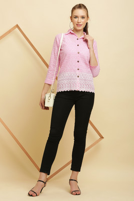 Shopbering Women Embroidered Casual Pink, White Shirt