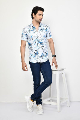 altius Men Printed Casual White, Light Blue Shirt
