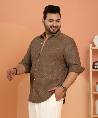 Instafab Plus Men Geometric Print Casual Brown Shirt