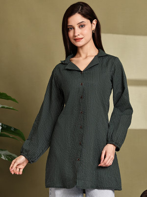 Aarsha Women Self Design Casual Green Shirt