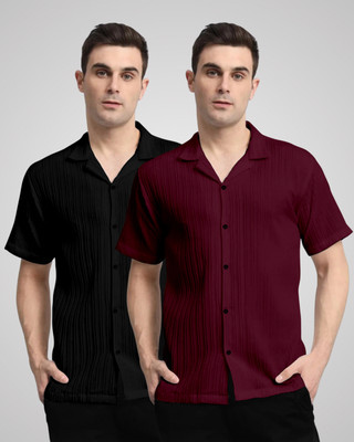 VK Couture Men Self Design Casual Black, Maroon Shirt(Pack of 2)