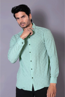 SHFASHION Men Self Design Casual Green Shirt
