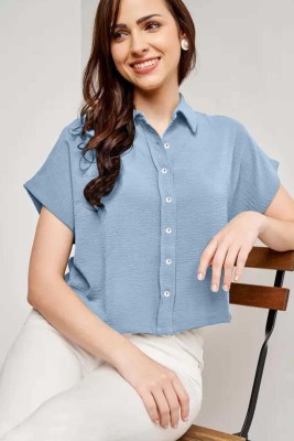 ANVCREATION Women Solid Casual Blue Shirt