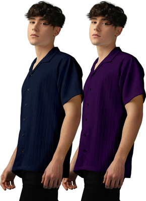OXXOM Men Self Design, Striped Casual Dark Blue, Purple Shirt(Pack of 2)
