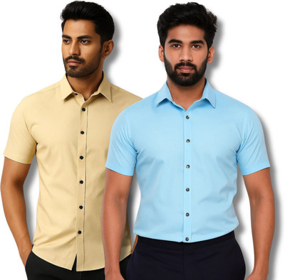 RAREMARK Men Solid Formal Beige, Blue Shirt(Pack of 2)