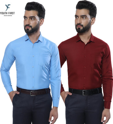 youth first Men Solid Formal Light Blue, Maroon Shirt(Pack of 2)