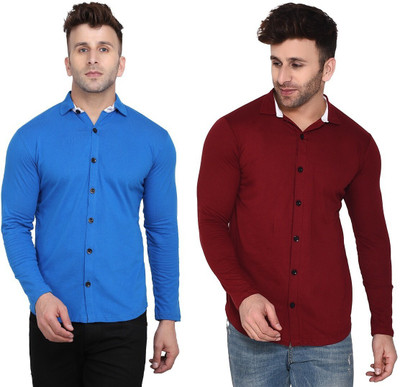 Lawful Casual Men Solid Casual Dark Blue, Maroon Shirt(Pack of 2)
