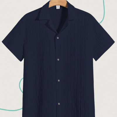 A DEEMOON TREND Men Self Design Casual Dark Blue Shirt