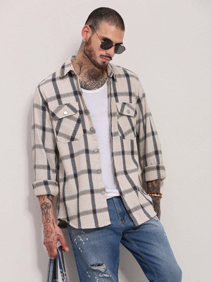 SHOWOFFFF Men Checkered Casual Cream, Grey Shirt