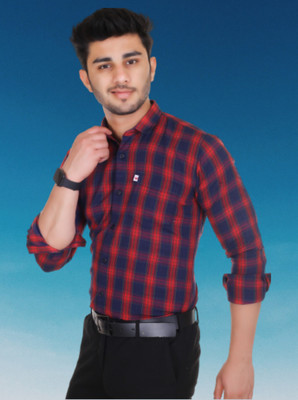 Marc Laurent Men Checkered Formal Red, Dark Blue Shirt