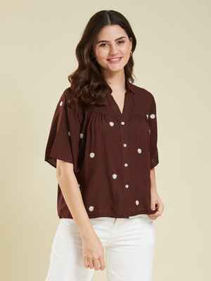 J TURRITOPSIS Casual Embroidered Women Brown Top