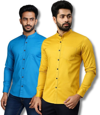 CROWNTAIL Men Solid Casual Blue, Yellow Shirt(Pack of 2)