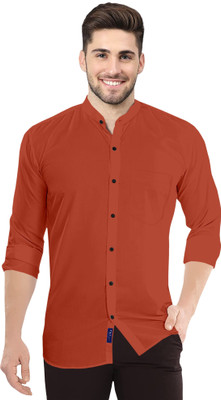 P & V Creations Men Solid Casual Orange Shirt