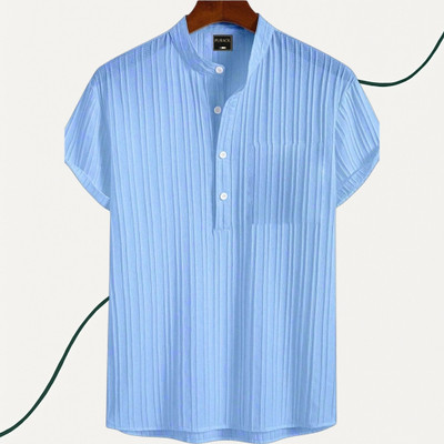 A DEEMOON Men Self Design Formal Blue Shirt