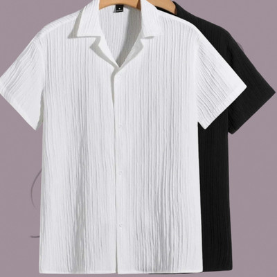 Looksky Men Self Design Casual White, Black Shirt(Pack of 2)