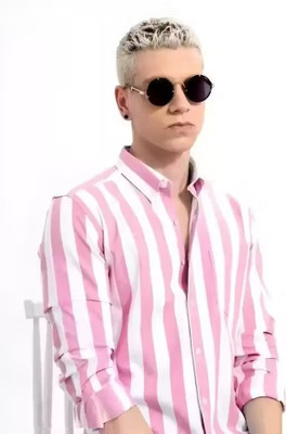 SEIGE Men Striped Party Pink, White Shirt